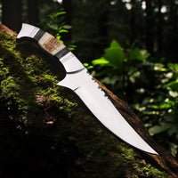 MAM Handcrafted D2 Steel Hunting Knife - 12.5" Full Tang Fixed Blade - Pakkawood & Camel Bone Handle - Leather Sheath - EDC, Camping, Outdoor