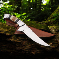 MAM Handcrafted D2 Steel Hunting Knife - 12.5" Full Tang Fixed Blade - Pakkawood & Camel Bone Handle - Leather Sheath - EDC, Camping, Outdoor