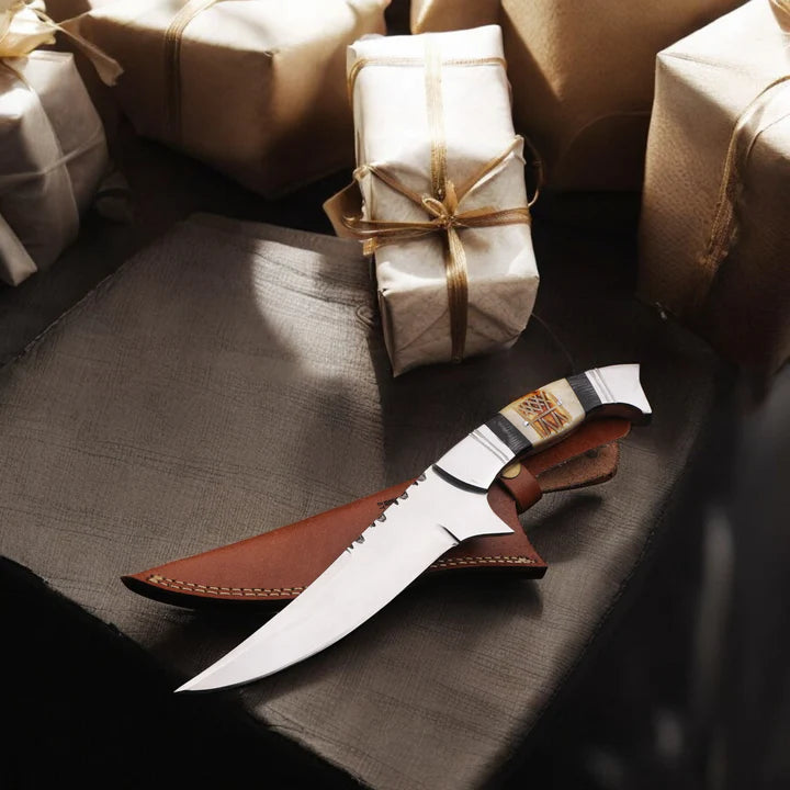 MAM Handcrafted D2 Steel Hunting Knife - 12.5" Full Tang Fixed Blade - Pakkawood & Camel Bone Handle - Leather Sheath - EDC, Camping, Outdoor