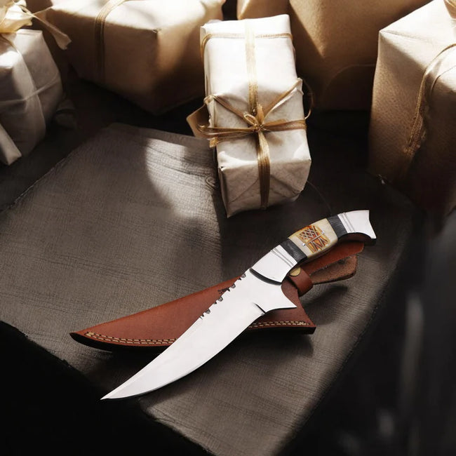 MAM Handcrafted D2 Steel Hunting Knife - 12.5" Full Tang Fixed Blade - Pakkawood & Camel Bone Handle - Leather Sheath - EDC, Camping, Outdoor Hover Image