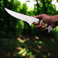 MAM Handcrafted D2 Steel Hunting Knife - 12.5" Full Tang Fixed Blade - Pakkawood & Camel Bone Handle - Leather Sheath - EDC, Camping, Outdoor