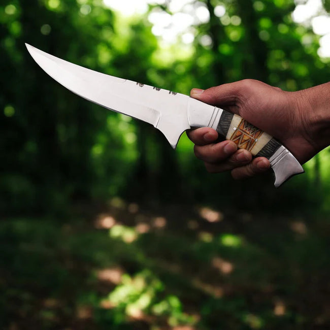 MAM Handcrafted D2 Steel Hunting Knife - 12.5" Full Tang Fixed Blade - Pakkawood & Camel Bone Handle - Leather Sheath - EDC, Camping, Outdoor Main Image