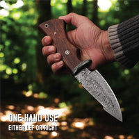 MAM Handcrafted, Durable Damascus steel knife-10 inch with Rose wood handle and leather sheath for hunting, camping, EDC and other outdoor adventures.