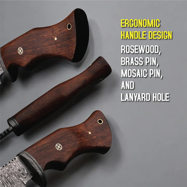 MAM Handcrafted, Durable Damascus steel knife-10 inch with Rose wood handle and leather sheath for hunting, camping, EDC and other outdoor adventures. Main Image