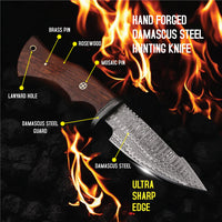 MAM Handcrafted, Durable Damascus steel knife-10 inch with Rose wood handle and leather sheath for hunting, camping, EDC and other outdoor adventures.