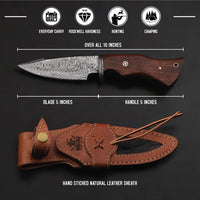 MAM Handcrafted, Durable Damascus steel knife-10 inch with Rose wood handle and leather sheath for hunting, camping, EDC and other outdoor adventures.
