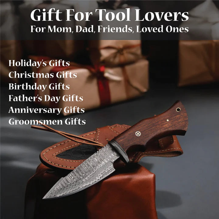 MAM Handcrafted, Durable Damascus steel knife-10 inch with Rose wood handle and leather sheath for hunting, camping, EDC and other outdoor adventures.