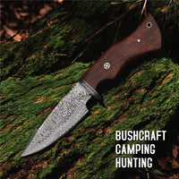MAM Handcrafted, Durable Damascus steel knife-10 inch with Rose wood handle and leather sheath for hunting, camping, EDC and other outdoor adventures.