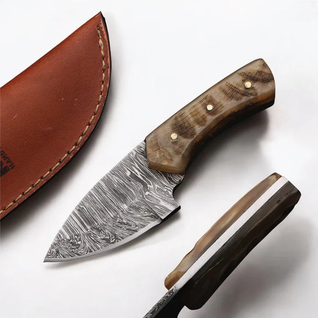 AM Handcrafted, Durable Damascus steel knife-6 inch with sheap horn handle and leather sheath for hunting, Skinning, Camping, EDC and other outdoor adventures. Hover Image