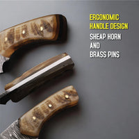 AM Handcrafted, Durable Damascus steel knife-6 inch with sheap horn handle and leather sheath for hunting, Skinning, Camping, EDC and other outdoor adventures.
