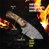 AM Handcrafted, Durable Damascus steel knife-6 inch with sheap horn handle and leather sheath for hunting, Skinning, Camping, EDC and other outdoor adventures.