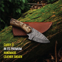 AM Handcrafted, Durable Damascus steel knife-6 inch with sheap horn handle and leather sheath for hunting, Skinning, Camping, EDC and other outdoor adventures.
