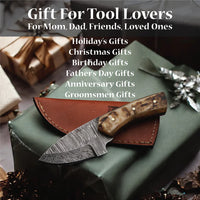 AM Handcrafted, Durable Damascus steel knife-6 inch with sheap horn handle and leather sheath for hunting, Skinning, Camping, EDC and other outdoor adventures.