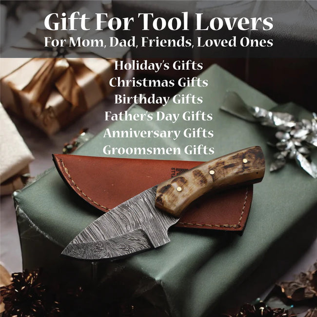 AM Handcrafted, Durable Damascus steel knife-6 inch with sheap horn handle and leather sheath for hunting, Skinning, Camping, EDC and other outdoor adventures. Main Image