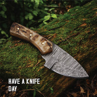 AM Handcrafted, Durable Damascus steel knife-6 inch with sheap horn handle and leather sheath for hunting, Skinning, Camping, EDC and other outdoor adventures.