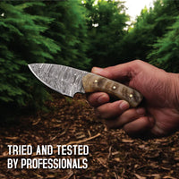 AM Handcrafted, Durable Damascus steel knife-6 inch with sheap horn handle and leather sheath for hunting, Skinning, Camping, EDC and other outdoor adventures.