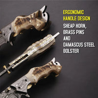 MAM Handcrafted Damascus steel folding knife-7.5 inch with horn handle and leather sheath for hunting, camping, EDC and other outdoor adventures.