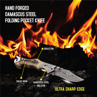 MAM Handcrafted Damascus steel folding knife-7.5 inch with horn handle and leather sheath for hunting, camping, EDC and other outdoor adventures.