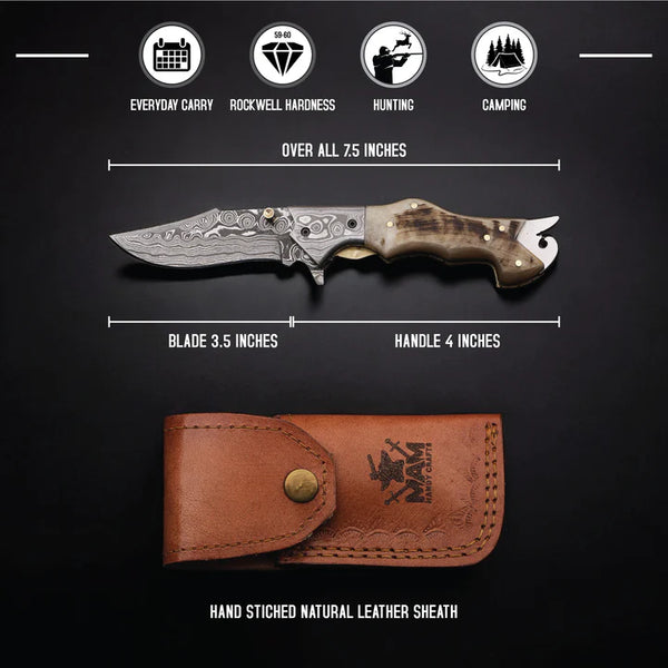 MAM Handcrafted Damascus steel folding knife-7.5 inch with horn handle and leather sheath for hunting, camping, EDC and other outdoor adventures.